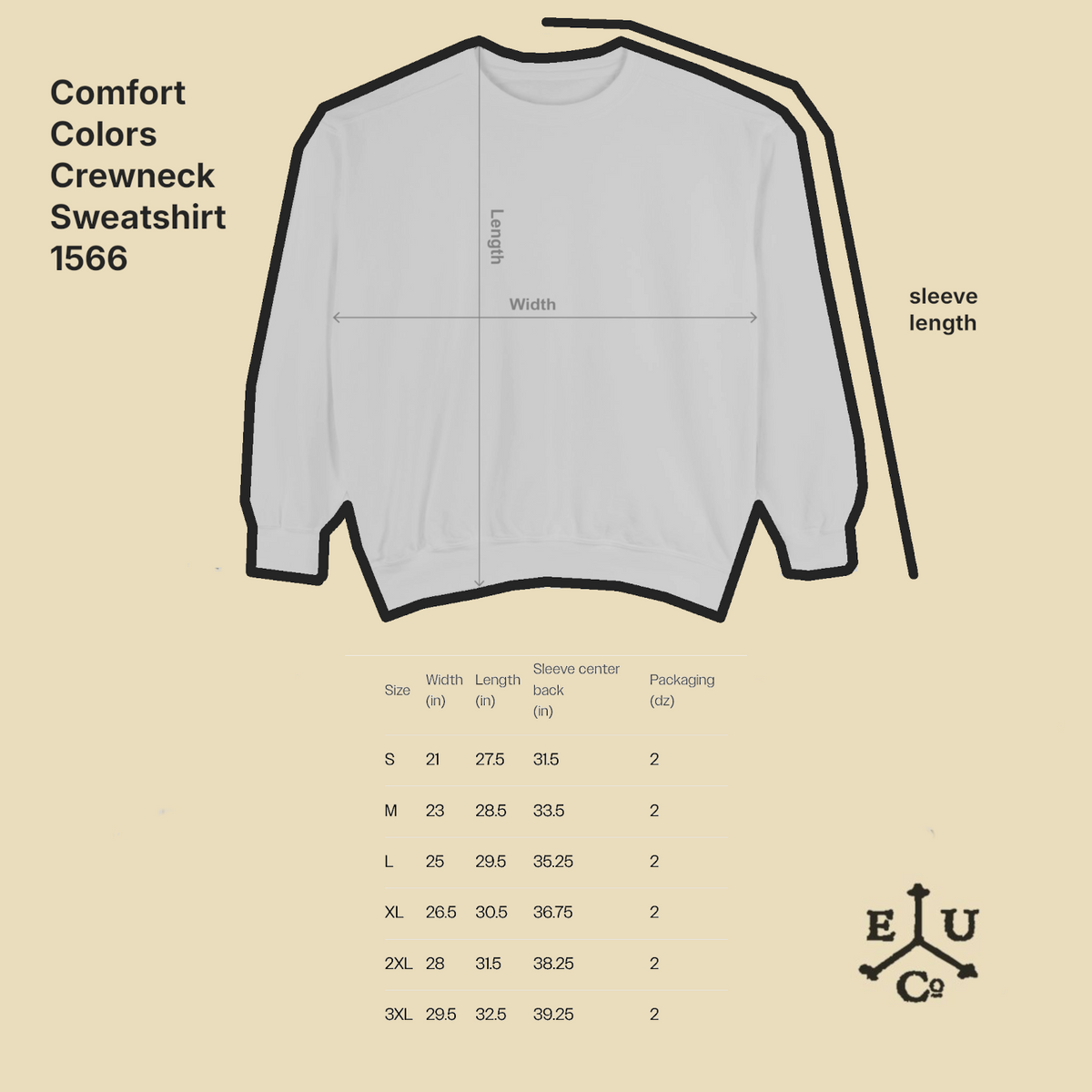 A size measurement diagram for a Comfort Colors crewneck sweatshirt, showing labeled dimensions for length, width, and sleeve length on a light gray sweatshirt, with a size table.