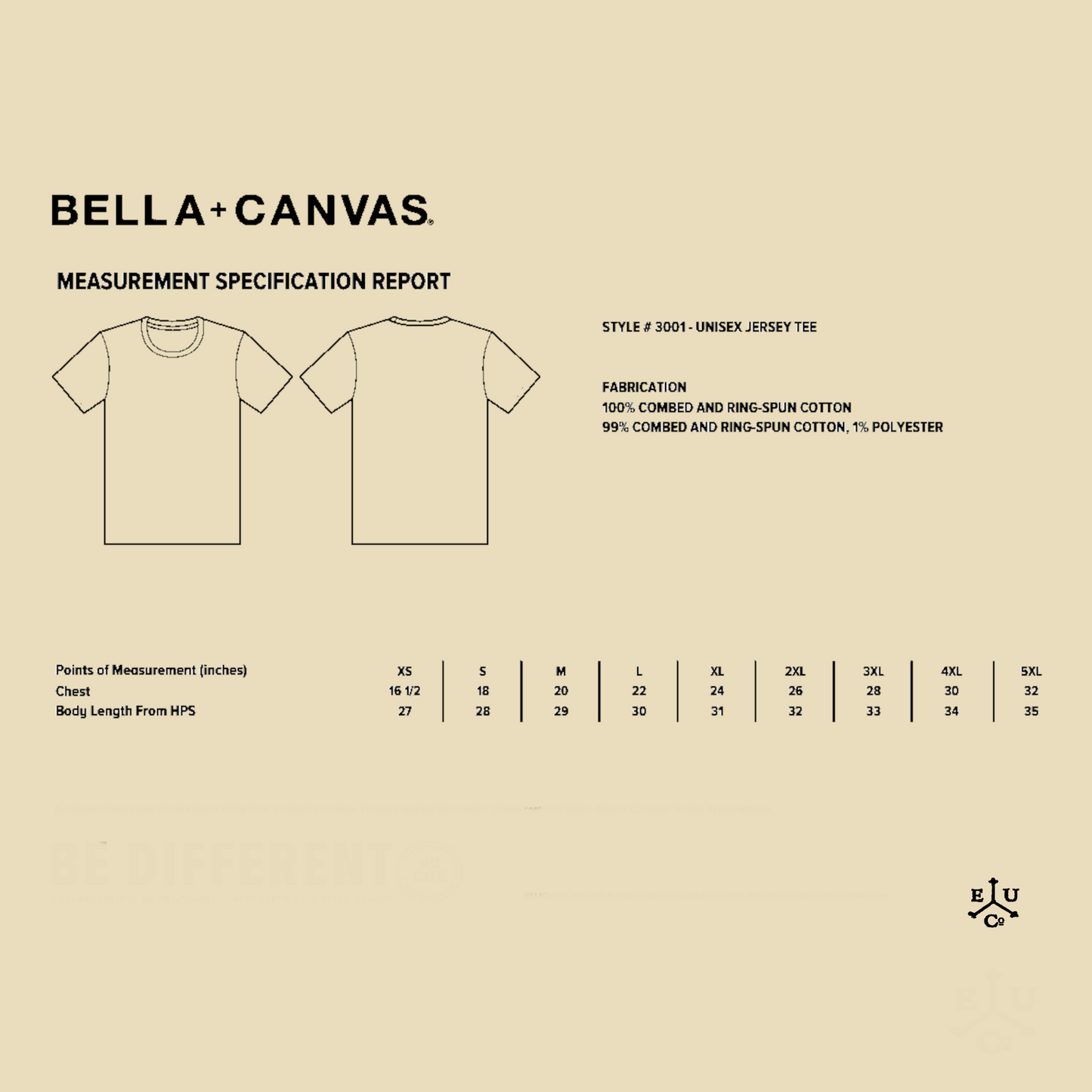 Product Specs for a Bella+Canvas 3001 t-shirt