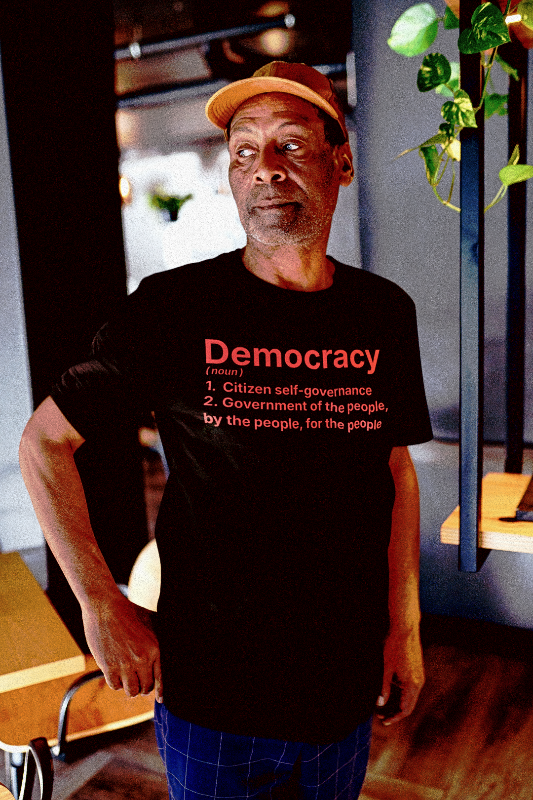 Basic Black T-Shirt: DEMOCRACY 
(noun) 
1. Citizen self-governance
2. Government of the people, by the people, for the people

Perfect gift for the democracy activist in your life. Bella+Canvas 3001 #EUTC