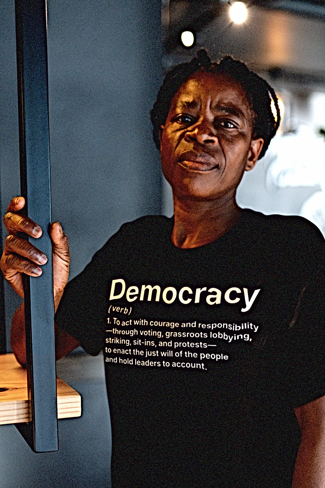 Older Black activist woman wearing a Basic Black T-Shirt with the definition for DEMOCRACY (verb)  1. To act with courage and responsibility —through voting, grassroots lobbying, striking, sit-ins, and protests — to enact the just will of the people and hold leaders to account. | Cotton Bella+Canvas 3001 #EUTC