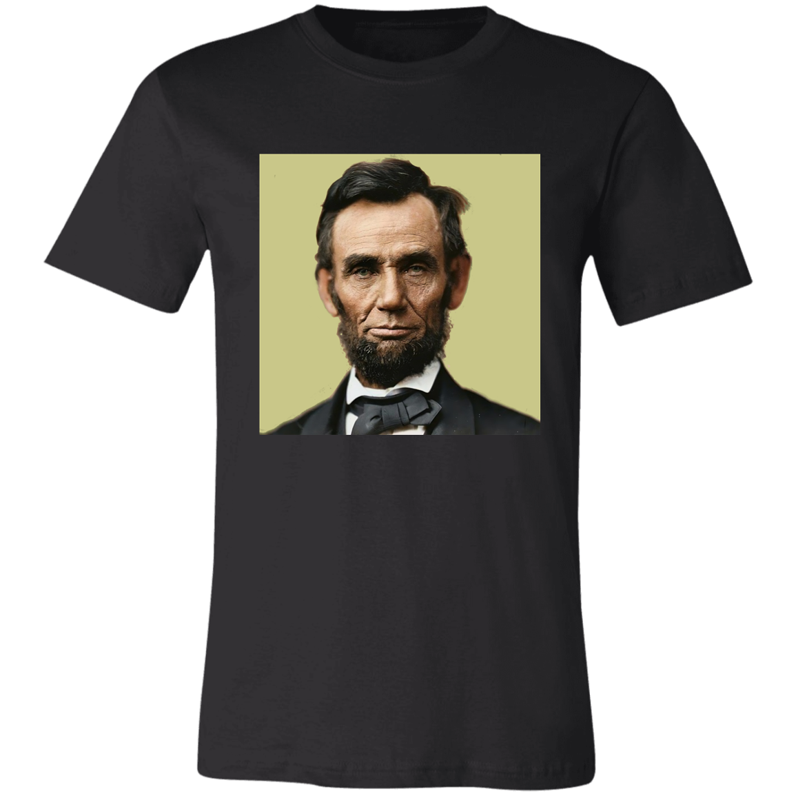 Basic Black T-Shirt with khaki colorized portrait of Abraham Lincoln. From his Second Inaugural Address, delivered near the end of the Civil War, Lincoln’s words capture the nation’s moral high point amid its deepest wound. Great gift for American radicals and history buffs. Bella+Canvas 3501 Long Sleeve Jersey #EUTC
