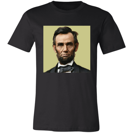 Basic Black T-Shirt with khaki colorized portrait of Abraham Lincoln. From his Second Inaugural Address, delivered near the end of the Civil War, Lincoln’s words capture the nation’s moral high point amid its deepest wound. Great gift for American radicals and history buffs. Bella+Canvas 3501 Long Sleeve Jersey #EUTC
