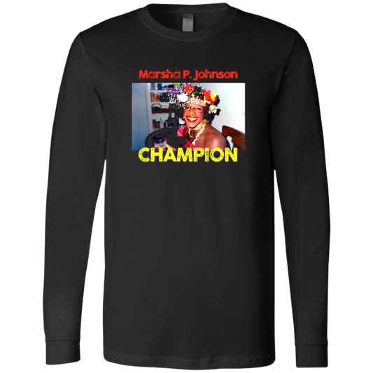 Quality Long Sleeve Jersey depicting Marsha P. Johnson

Trans activist and Stonewall veteran Marsha P. Johnson (1945–1992) stood at the front lines of queer liberation. With joy, defiance, and radical love, she helped ignite the modern #LGBTQ+ rights movement. Johnson’s legacy reminds us that visibility itself can be an act of revolution — and compassion, a weapon of survival. 

Great gift for the drag queen or trans activist in your life. Bella+Canvas 3501 | Long Sleeve Jersey #transrightsarehumanrights