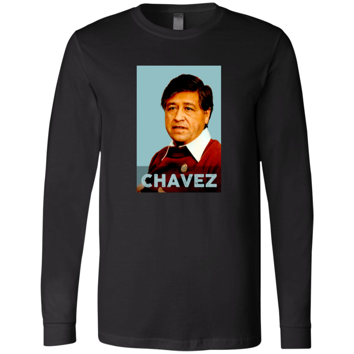 Long Sleeve Jersey depicting Cesar Chavez. Labor leader and civil rights activist Cesar Chavez (1927–1993) co-founded the United Farm Workers, transforming the struggle of migrant laborers into a national movement for dignity and fair wages. Perfect gift for Latino activists and labor organizers. Bella+Canvas 3501 #EUTC