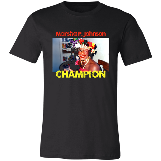 Basic Black T-Shirt depicting Marsha P. Johnson.

Trans activist and Stonewall veteran Marsha P. Johnson stood at the front lines of queer liberation. With joy, defiance, and radical love, she helped ignite the modern #LGBTQ+ rights movement. 

Great gift for the drag queens, and the trans and LGBTQ activists in your life. 

Bella+Canvas 3001 Basic T-Shirt #EUTC 