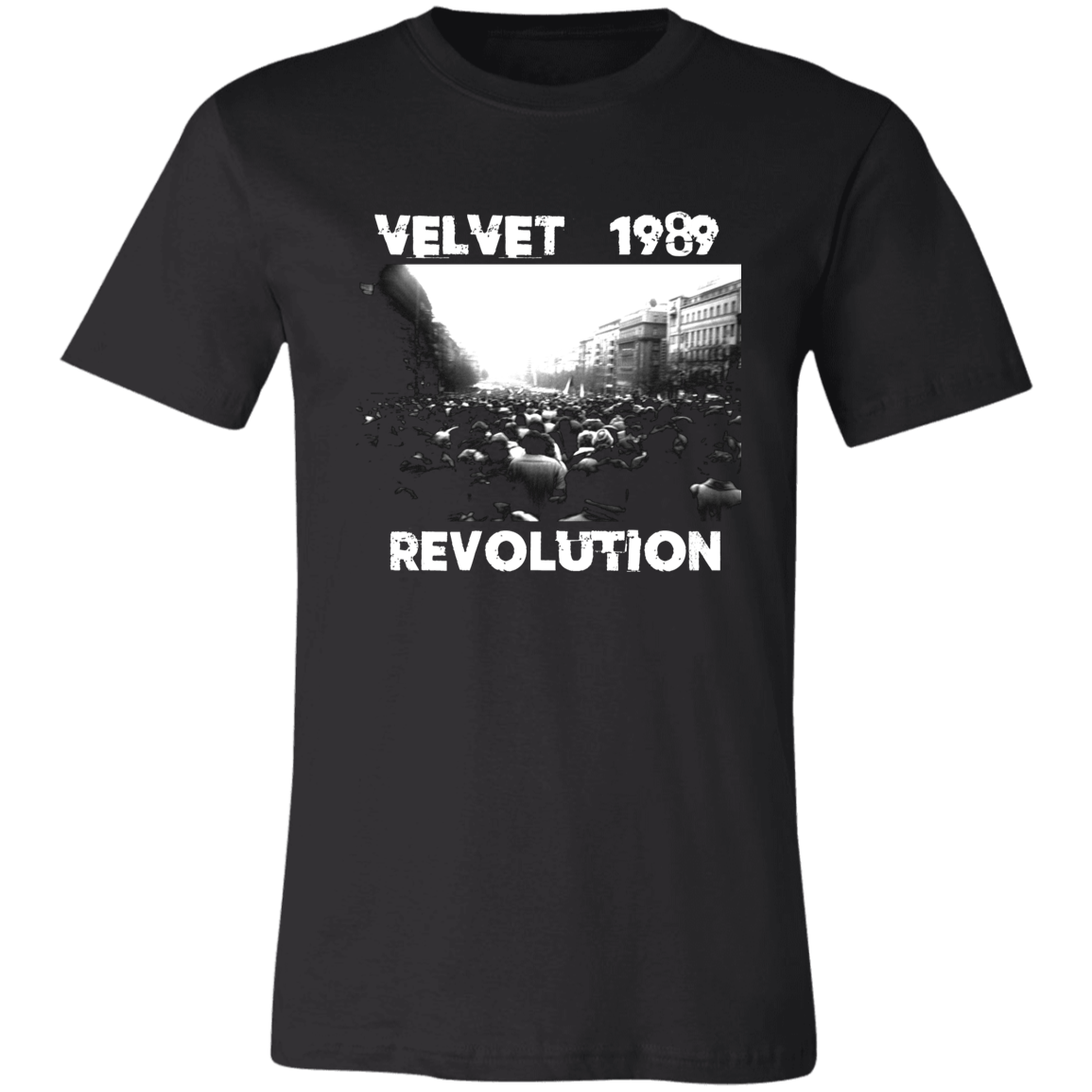basic black bella+canvas t-shirt with Velvet Revolution 1989 design. Perfect gift for activists.
