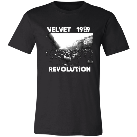 basic black bella+canvas t-shirt with Velvet Revolution 1989 design. Perfect gift for activists.