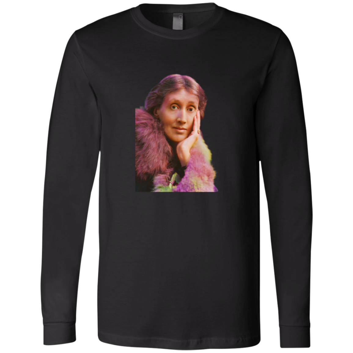 Black long sleeve jersey with a technicolor photo of Virginia Woolf. 

Woolf made literature new—stream-of-consciousness, fractured time, inner lives spilling across the page. With novels like Mrs. Dalloway and To the Lighthouse, she redefined modernism not as escape but as immersion. 

Perfect gift for your book club friend or the English major in your life. Bella+Canvas Long Sleeve Jersey 3501 #EUTC