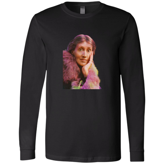 Black long sleeve jersey with a technicolor photo of Virginia Woolf. 

Woolf made literature new—stream-of-consciousness, fractured time, inner lives spilling across the page. With novels like Mrs. Dalloway and To the Lighthouse, she redefined modernism not as escape but as immersion. 

Perfect gift for your book club friend or the English major in your life. Bella+Canvas Long Sleeve Jersey 3501 #EUTC