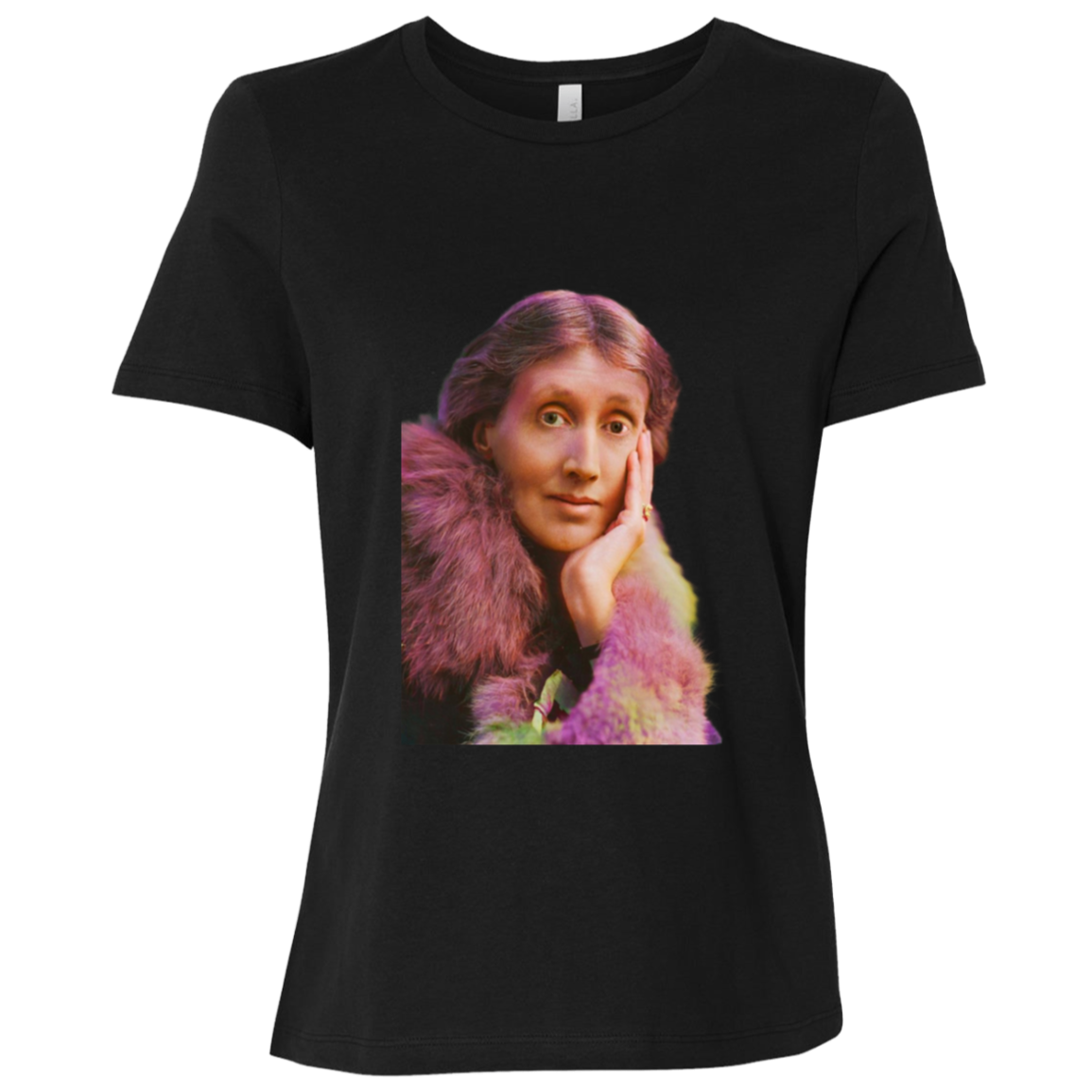 Relaxed Fit Women's Tee of  technicolor Virginia Woolf. She made literature new—stream-of-consciousness, fractured time, inner lives spilling across the page. Quality cotton tee. Perfect gift for the lover of literature in your life. Bella+Canvas Women’s Relaxed Tee 6400 #EUTC