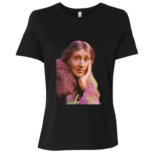 Relaxed Fit Women's Tee of  technicolor Virginia Woolf. She made literature new—stream-of-consciousness, fractured time, inner lives spilling across the page. Quality cotton tee. Perfect gift for the lover of literature in your life. Bella+Canvas Women’s Relaxed Tee 6400 #EUTC
