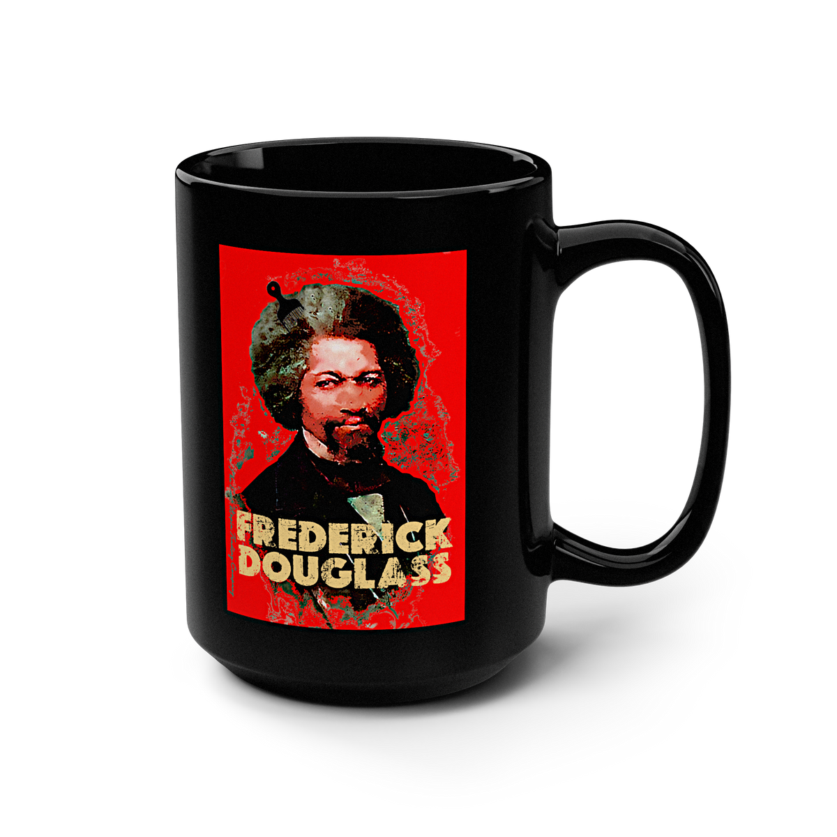 A black ceramic mug featuring a graphic print of Frederick Douglass against a red background, with the text 'FREDERICK DOUGLAS' in retro 70s gold lettering. 