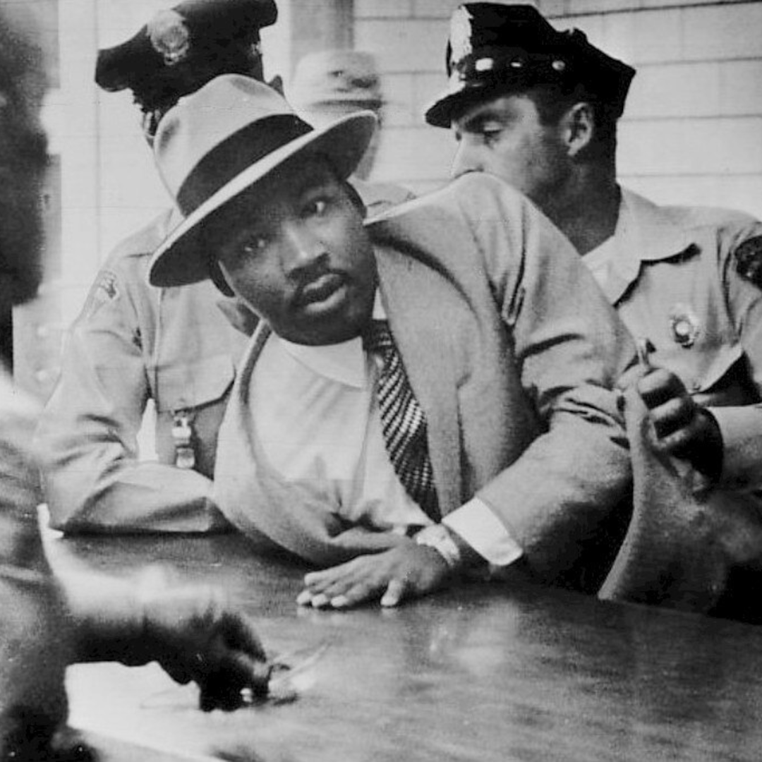 MLK Montgomery Arrest | Peace is not the absence of tension | blue | Basic T-Shirt