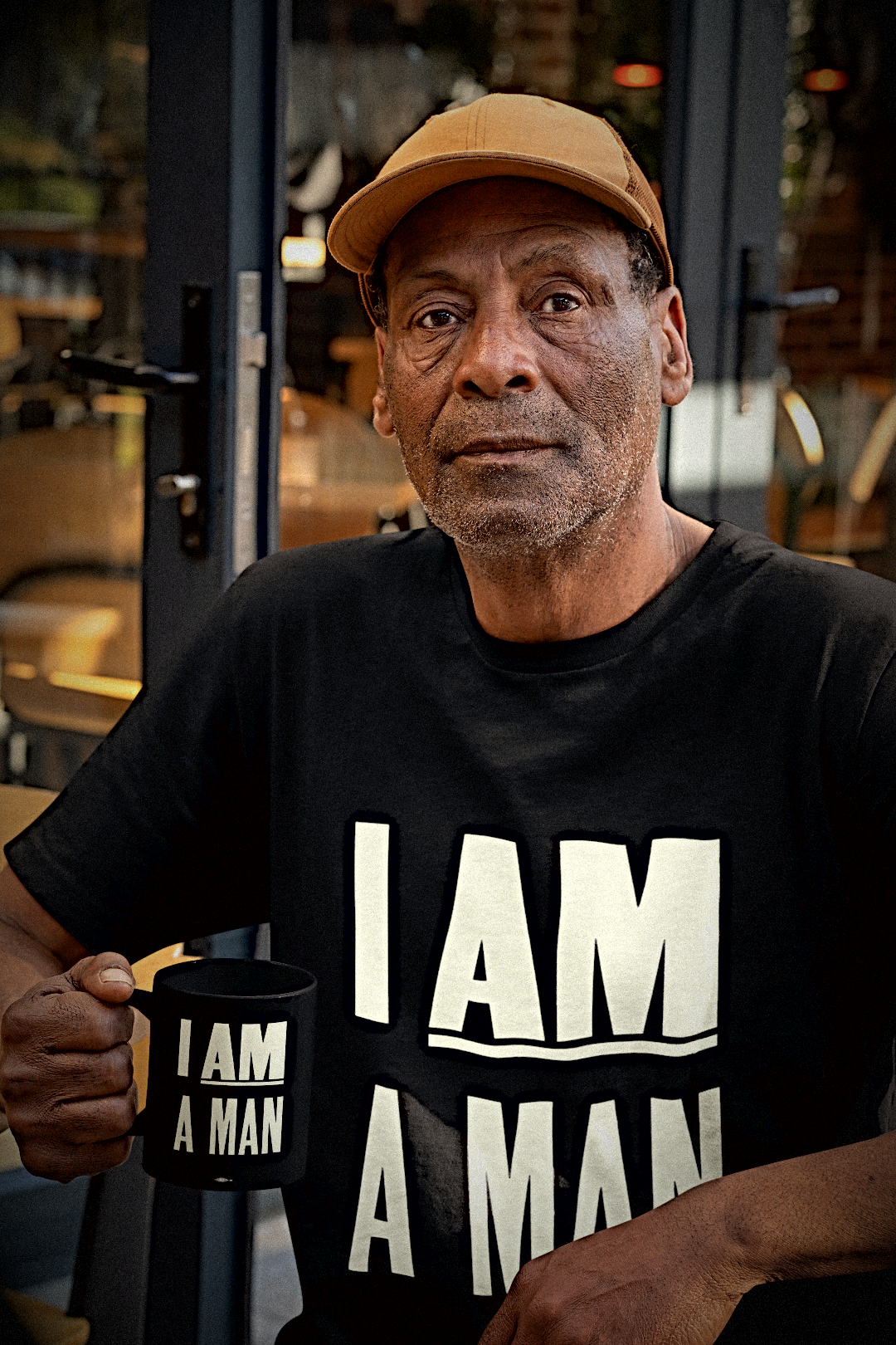 A man wearing a tan baseball cap and a black t-shirt with 'I AM A MAN' printed in bold white letters, holding a matching black mug with the same text in a cafe setting.