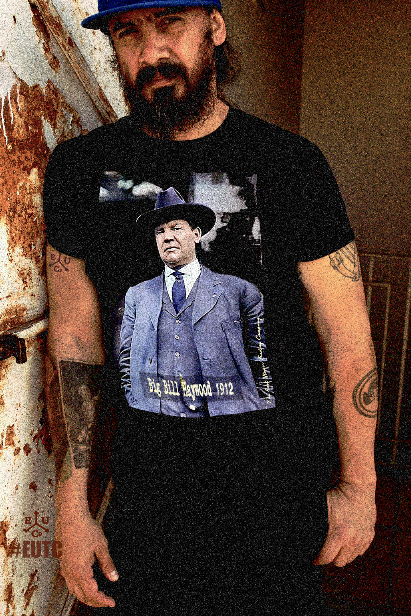 Basic Black T-Shirt depicting Big Bill Haywood, IWW organizer and strike leader who stood for solidarity across industries. Wobbly Bill Haywood—nicknamed “Big Bill”—was a one-eyed giant of labor radicalism, the muscle and roar of the IWW. He organized miners, lumberjacks, and migratory workers, the people capitalism chewed up and spat out, and he did it with a raw defiance that scared both bosses and the government. Perfect gift for the union organizer or anarcho-syndicalist radical in your life. 

