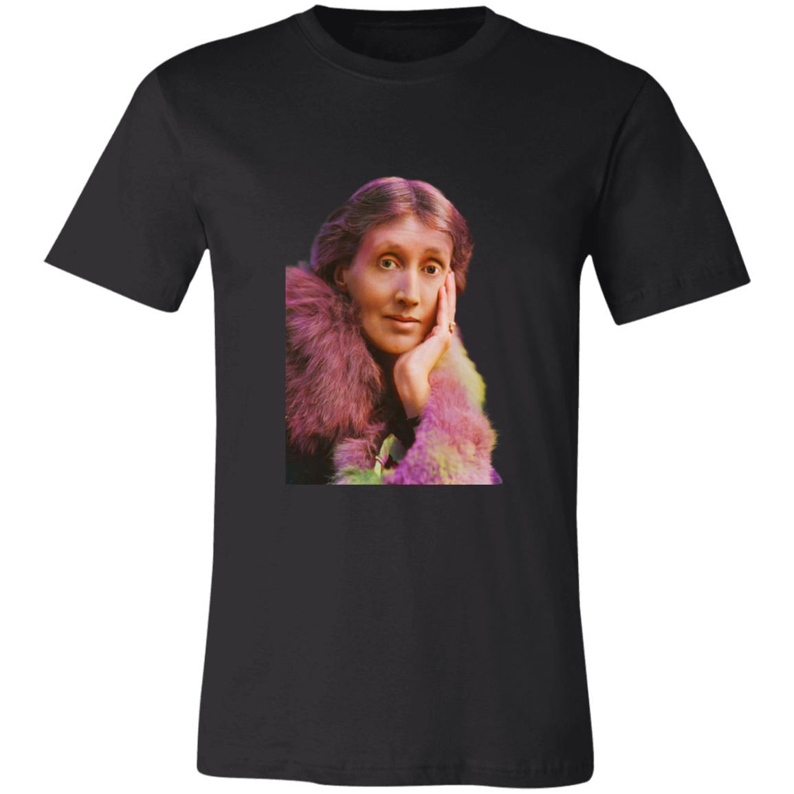 Basic black t-shirt of technicolor portrait of Virginia Woolf. She made literature new—stream-of-consciousness, fractured time, inner lives spilling across the page.

Woolf was also a radical critic of patriarchy, arguing in A Room of One’s Own that women needed space, income, and freedom to write and to live fully. 

Perfect gift for your book club friend or the English major in your life. #EUTC
