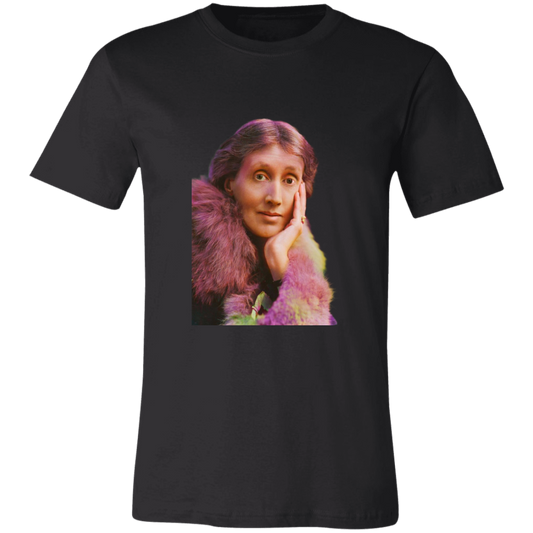 Basic black t-shirt of technicolor portrait of Virginia Woolf. She made literature new—stream-of-consciousness, fractured time, inner lives spilling across the page.

Woolf was also a radical critic of patriarchy, arguing in A Room of One’s Own that women needed space, income, and freedom to write and to live fully. 

Perfect gift for your book club friend or the English major in your life. #EUTC
