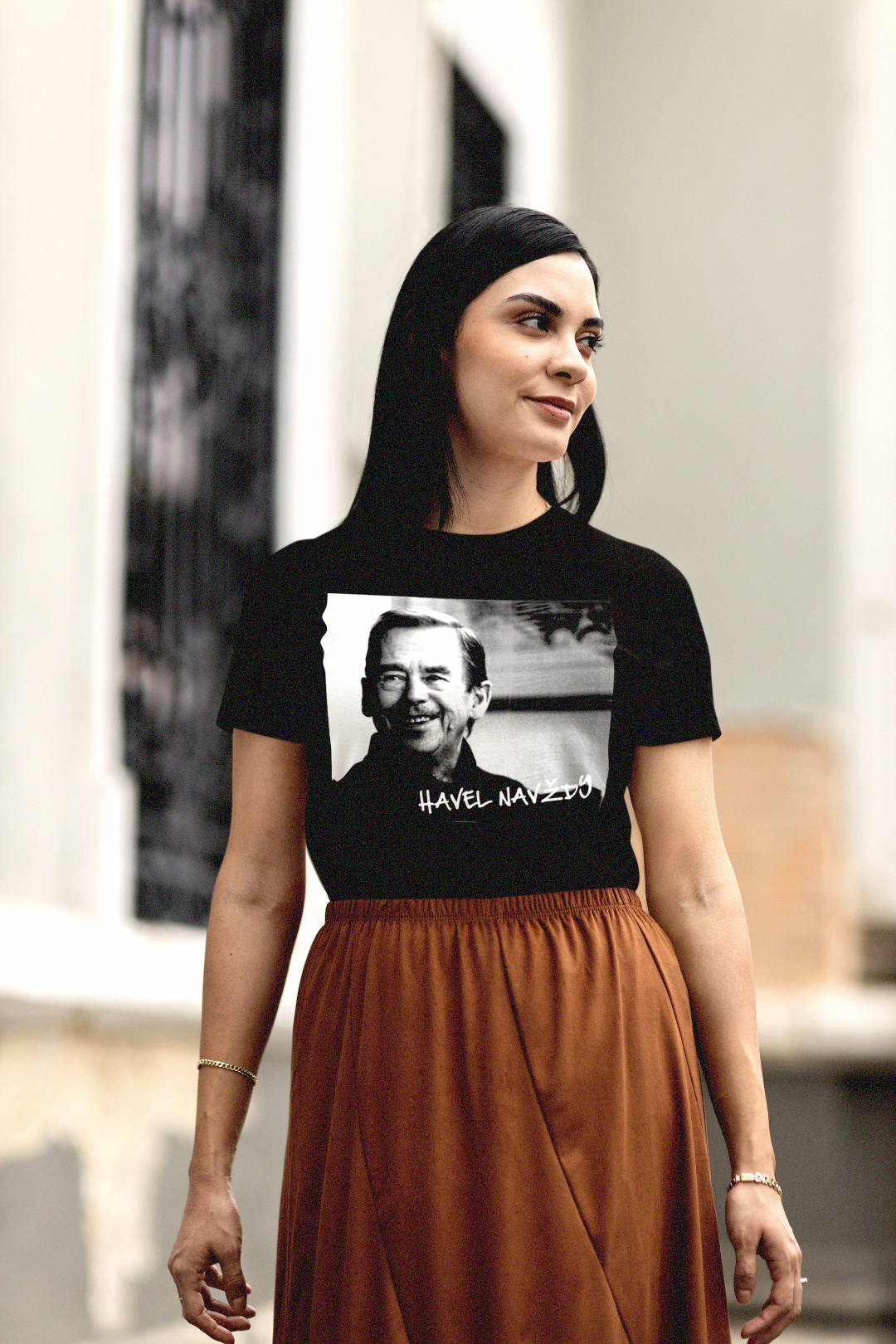 Gothesque woman grad student wearing a black Vaclav Havel t-shirt tastefully dressed. Havel t-shirt is the perfect gift for the dissident president in your life. 