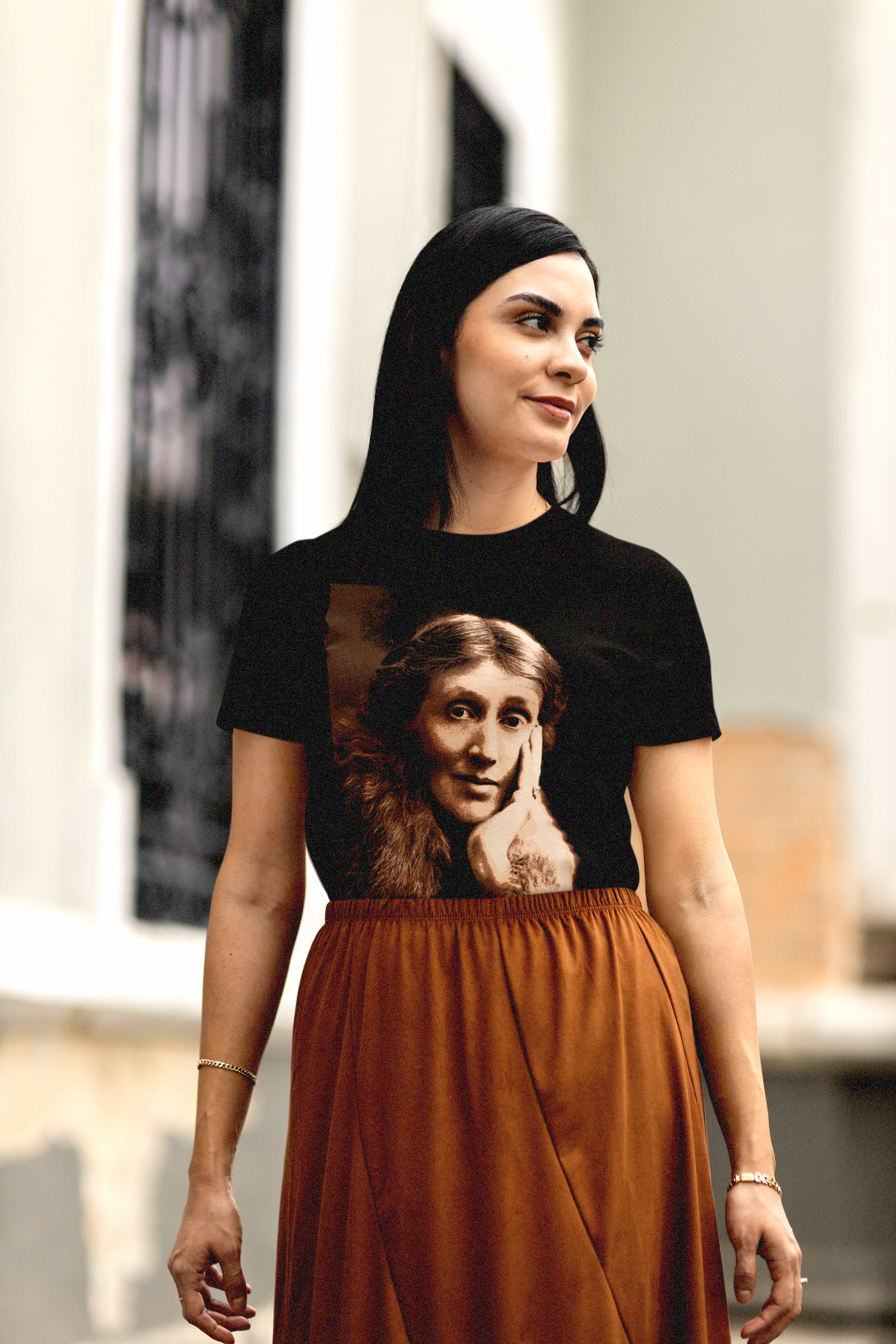 Gothesque woman grad student wearing a basic black t-shirt depicting Virginia Woolf in sepia tones. A perfect gift for a friend in your book club or your favorite English major. Photo shows style and fit. Bella+Canvas 3001 #EUTC