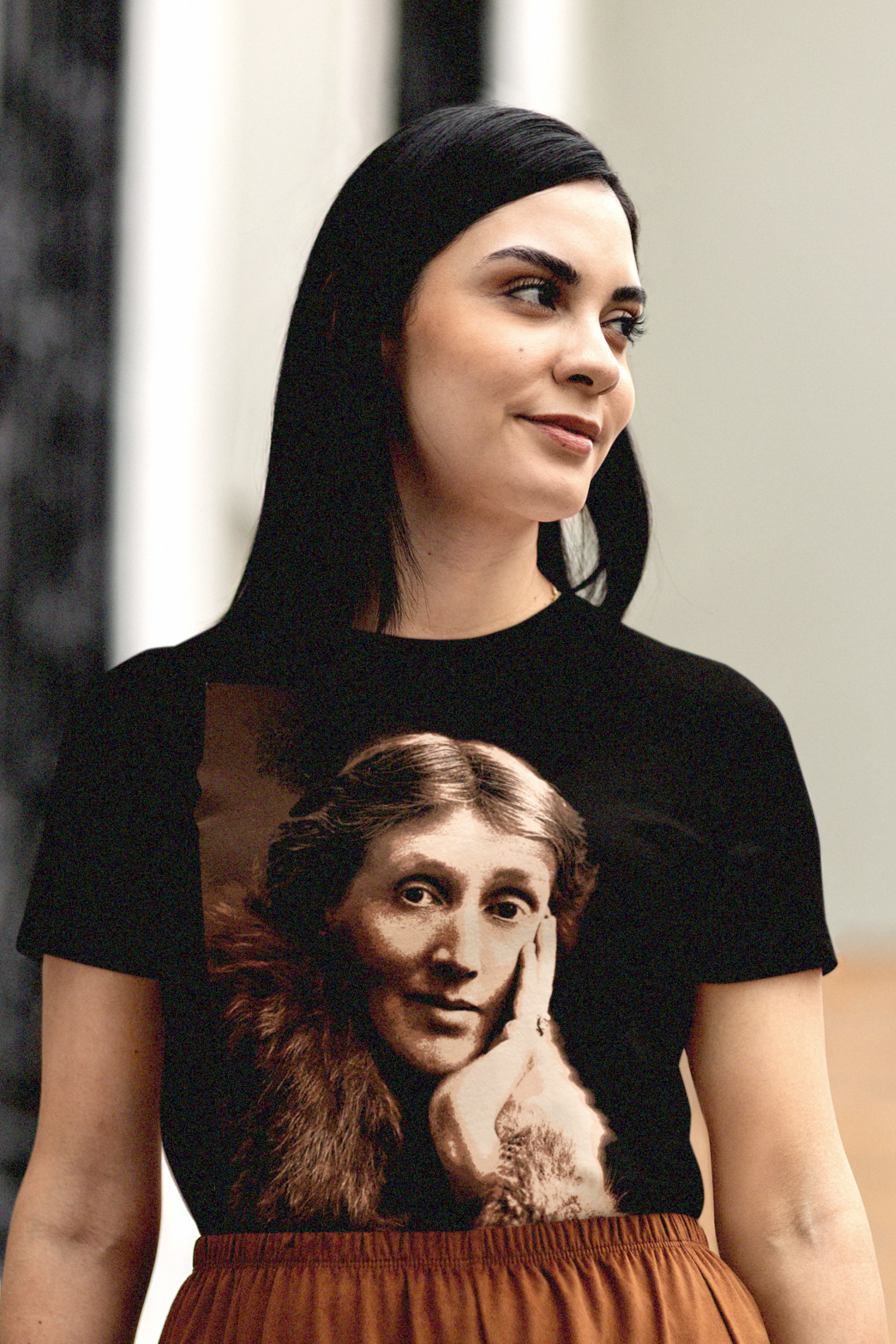 Gothesque woman grad student wearing a basic black t-shirt depicting Virginia Woolf in sepia tones. A perfect gift for a friend in your book club or your favorite English major. Photo shows style and fit. Bella+Canvas 3001 #EUTC
